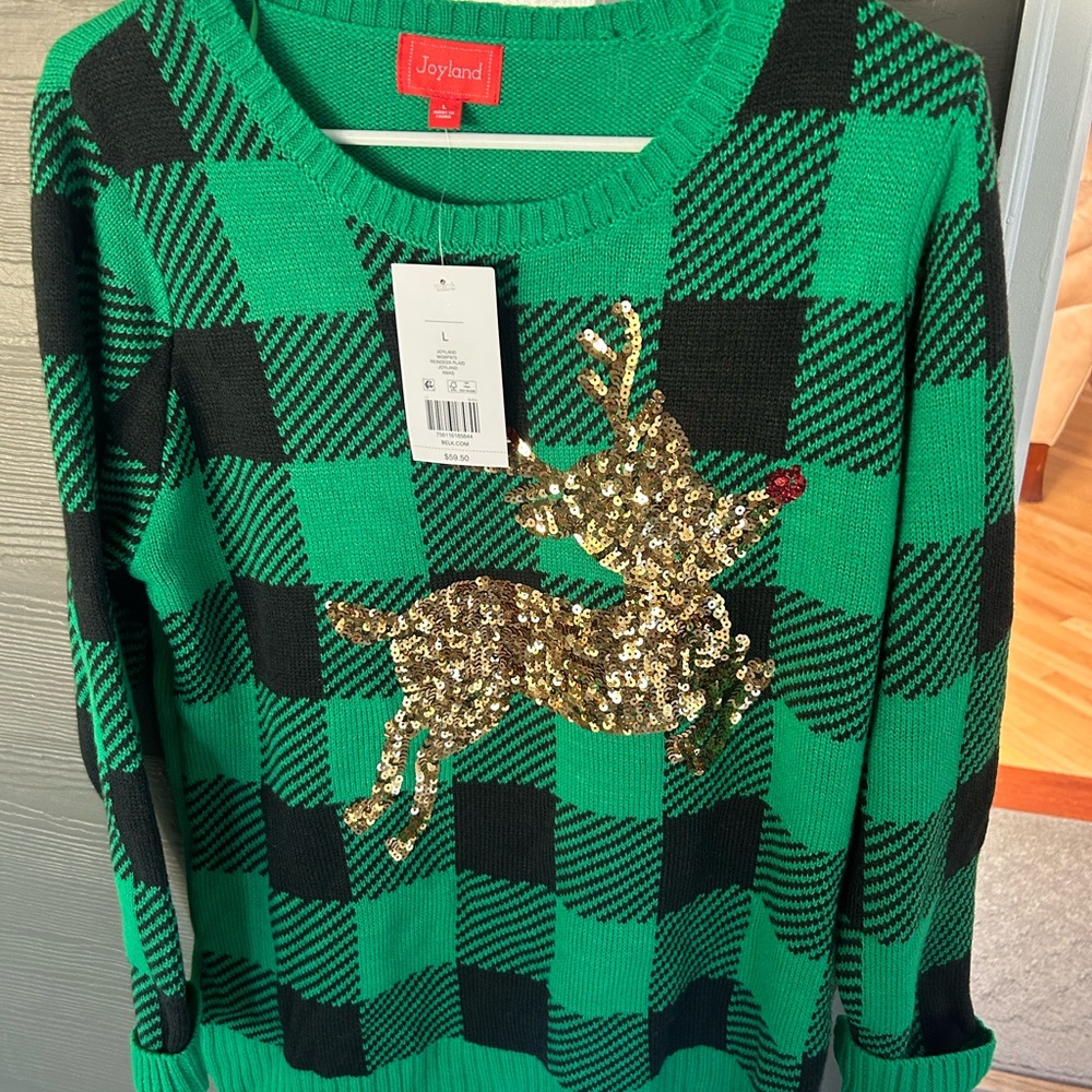 NWT! Green and Black Plaid Sweater with Gold Sequin Reindeer